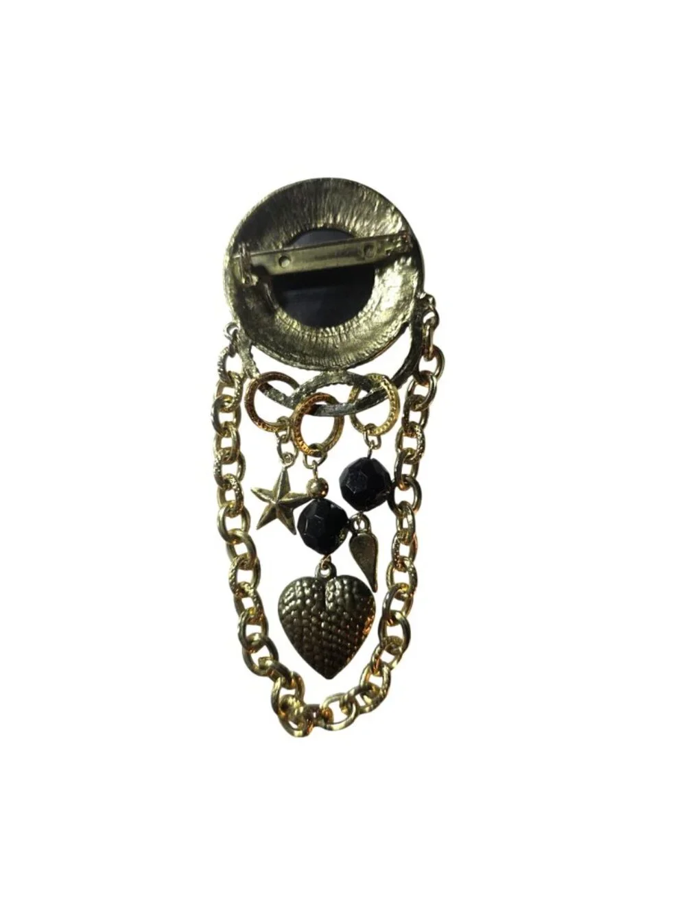 Vtg Gold Tone Brooch Brown Cabochon Black Beads  Heart Charms Chain Dangle MCM